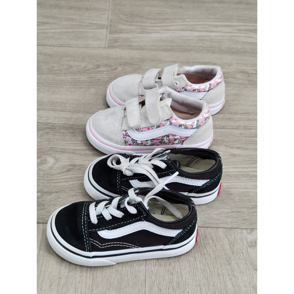x2 Vans Old Skool Toddler Size 6 Pink Unicorn Black White Sneakers Shoes Lot